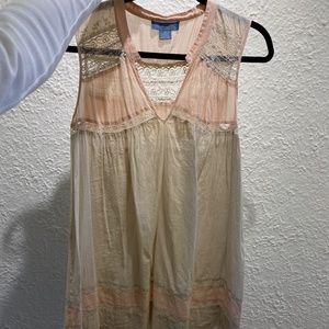 pink & cream boho mini dress with lace detailing, XS